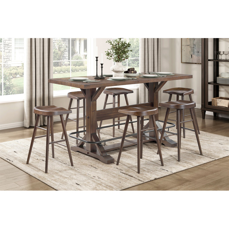 Brown Finish Bar Stools Set Of 2 Saddle Seat Sturdy Wood Frame Furniture Classic Aesthetic Ergonomic Design Pub Height Stools(Only Dining Chairs)