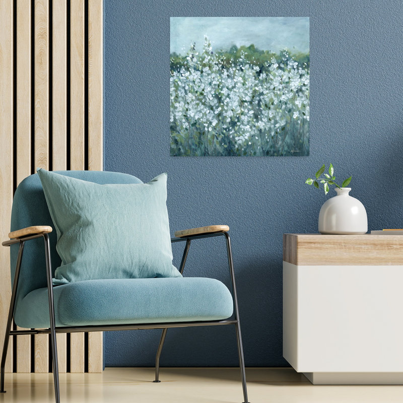 «Fields in Bloom», art contemporain abstrait délicat, paysage naturel, H 18 po x l 18 po
