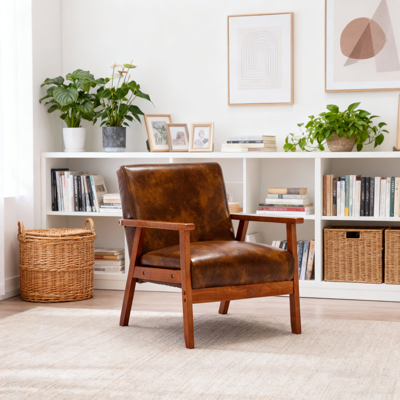 Chaise d'appoint Mid-Century moderne en bois massif avec revêtement en similicuir, Brown Faux Leather