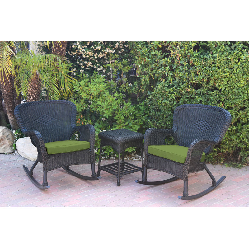 Windsor Resin Wicker Rocker Chair And End Table Set With Cushions, Sage Green, Black