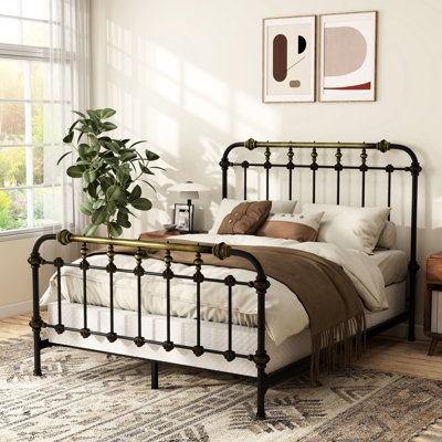 Grand lit transitionnel noir antique, construction entièrement en métal, accents dorés brossés à la main, 7 broches sur H / B, thermolaqué pour une utilisation dans la chambre à coucher,