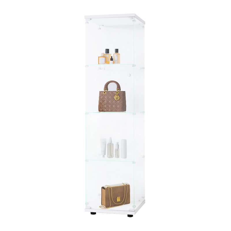 White Glass Display Cabinet With Door - 4 Shelves For Displaying Medals & Artwork 64.7"x16.7"x14.3 Shelf Cabinet, Store Your Items
