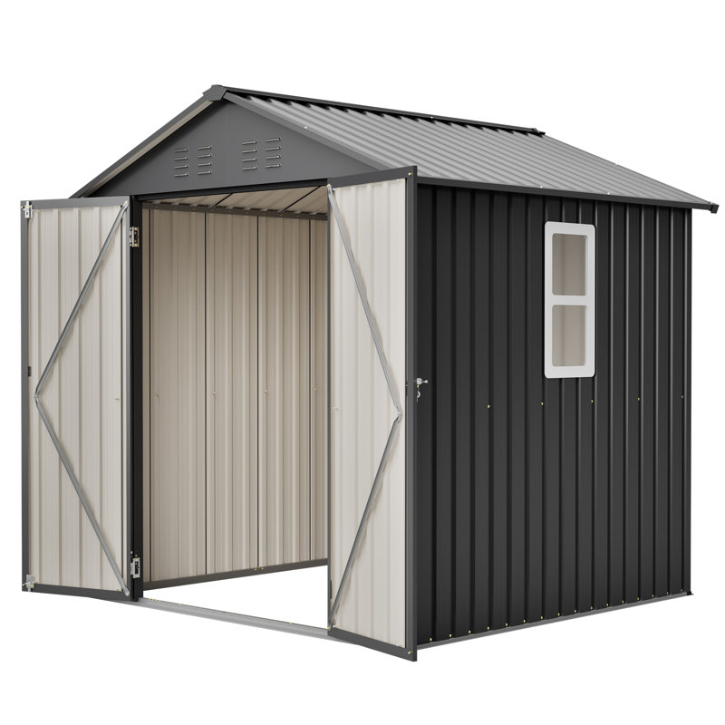 Abri de jardin en acier noir de 1,83 m de large x 1,83 m de profondeur, avec porte et fenêtre verrouillables.