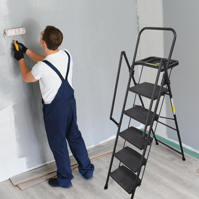 Échelle à 5 marches, escabeau pliable avec plateau à outils amovible et larges pédales antidérapantes, échelle en acier robuste, mains courantes pratiques, escabeau portatif léger, 21,16 lb, pour une utilisation à l'intérieur comme à l'extérieu