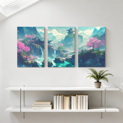 Paysage et paysage de montagne, paysage de cascade de cerisiers en fleurs, ensemble de 3 impressions sur toile