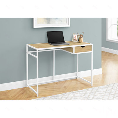 Bureau d'ordinateur, bureau à domicile, pour ordinateur portable, tiroir de rangement, 107 cm (42 po), plateau en stratifié naturel, structure en métal blanc
