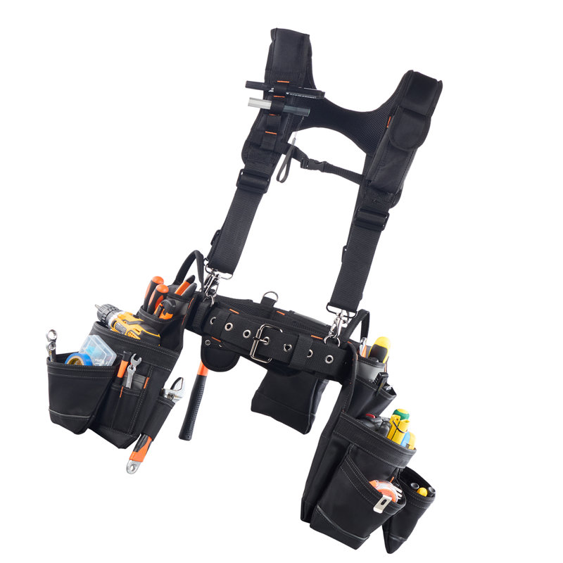 Ceinture à outils, 19 pochettes à outils avec bretelles pour hommes, sac de travail robuste à ceinture réglable pour installation détachable pour électricien, charpentier, construction, taille ajustable