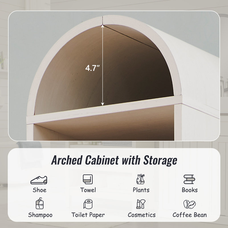 67" Tall Arched Bathroom Storage Cabinet, 8 Tiers 8 Pairs Wooden Bathroom Rack with 3 Adjustable Shelves, White, 1