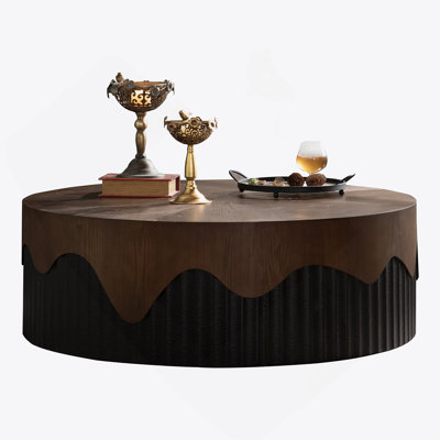 Handcrafted Round Coffee Table With Relief Design, Sturdy Pedestal, And No - Assembly Requirement For Living Room Use