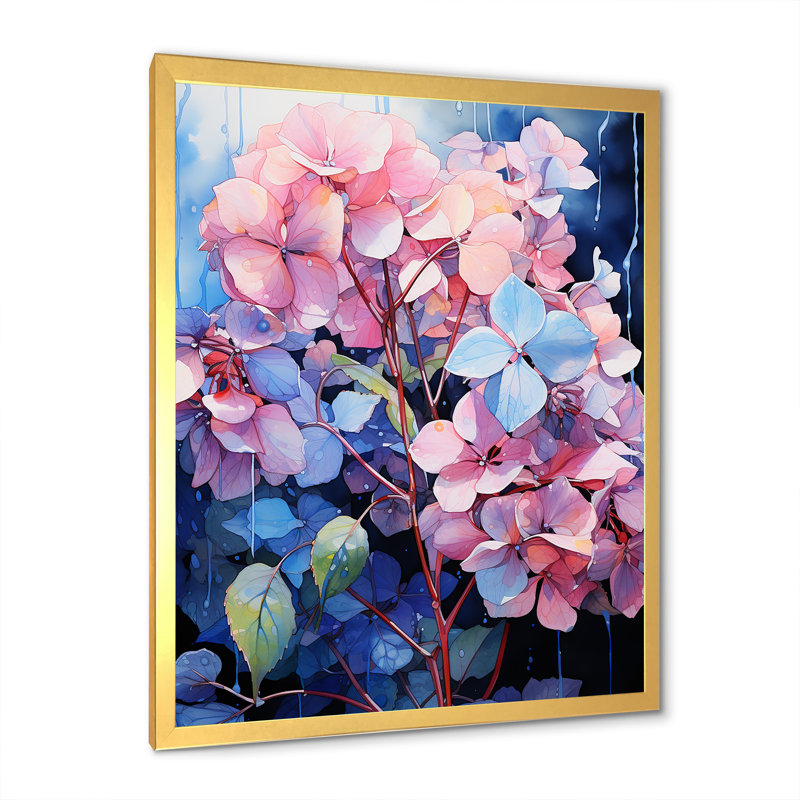 Hortensias bleus et mauves I, Encadrement doré, H 40 po x l 30 po x P 1,5 po