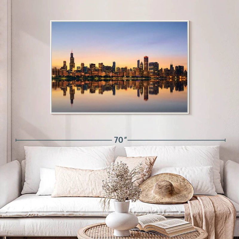 Chicago, reflet de l'horizon, 46 po x 31 po, Cadre flottant blanc