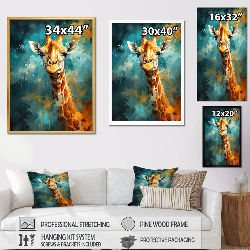 Pop art, portrait de girafe IV sur toile, H 32 po x l 16 po x P 1 po, Cadre flottant doré