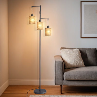 Lampe sur pied moderne pour le salon et la chambre à coucher, lampe sur pied haute avec rotin et abat-jour en tissu, interrupteur au pied, lampe sur pied de 66 pouces avec douille E26 (ampoule non incluse), noir