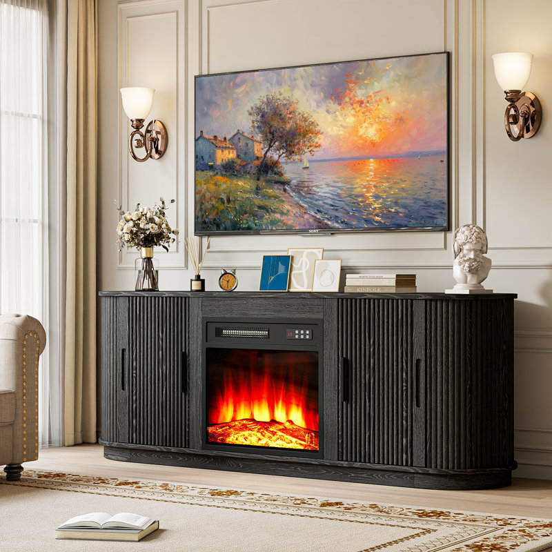 Meuble télé courbé avec foyer électrique, 23.3”H x 60”L x 15.7”W, Noir