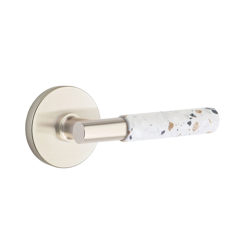 Mortaise intérieure Emtek Select avec rosette à disque et tige en T, levier Terrazzo clair, Oui, Nickel satiné
