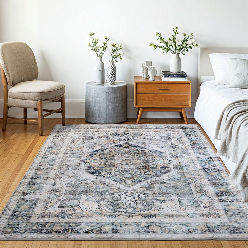Bungalow Rose Soft Gray Blue Machine Washable Area Rug – Non-Slip, Stain Resistant, GRS Certified, for Bedroom, Living & Dining