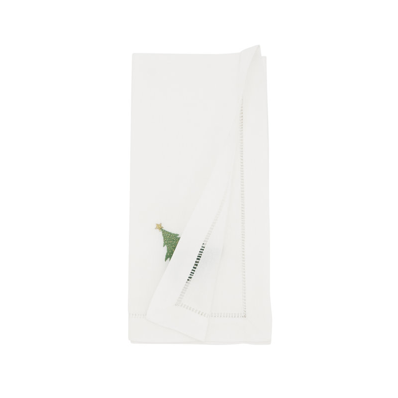 Whimsical Christmas Tree Embroidered White Cotton Napkins, Set of 6
