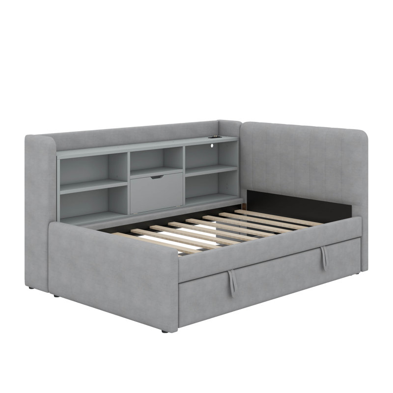 Lit de jour simple rembourré avec lit gigogne, tablettes de rangement, port USB et prise de courant, Gris