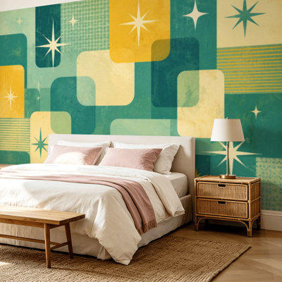 Peel and Stick Wallpaper Wall Mural Retro Mid Century Modern Geometric Stars Atomic Shapes Green Yellow Wall Art Self Adhesive and Removable