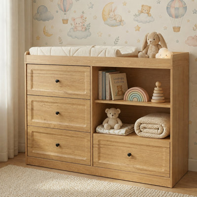 Commode à langer en bois naturel avec 4 tiroirs et tablette réglable, station à langer en bois