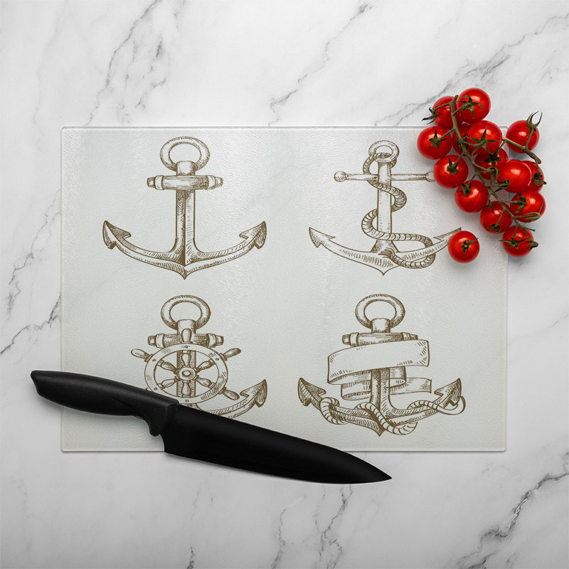 Drawn Anchors Glass Chopping Board, 28cm L x 20cm W
