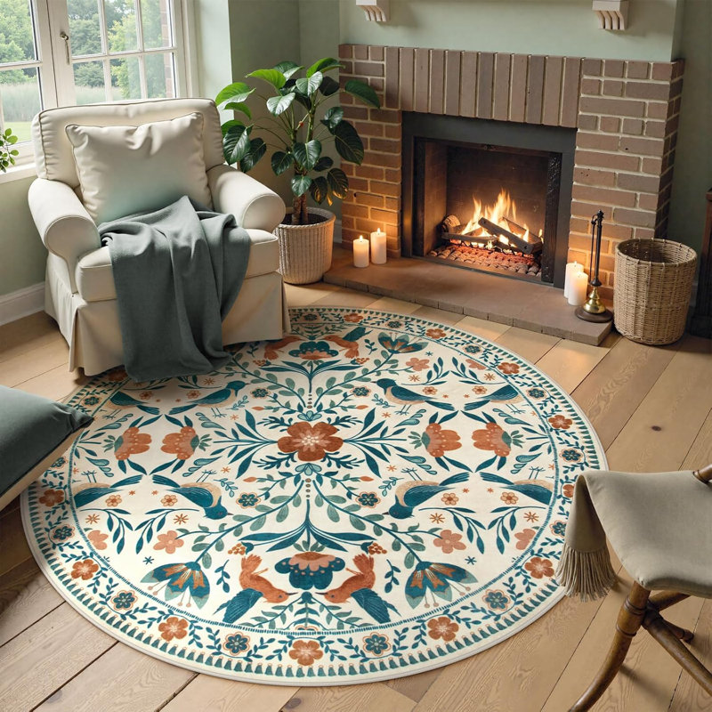  Goldene Boho Washable Botanical Beige Round Rugs for Living Room, Low-Pile Floral Rug with Non Slip Backing For Bedroom Dining Room