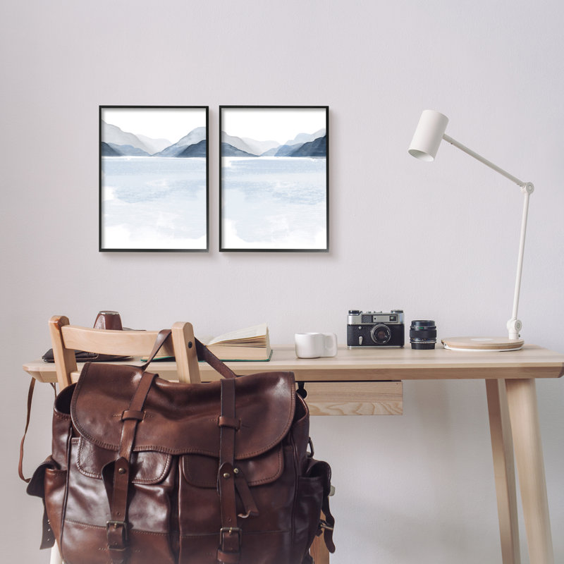 «Coastal Mountain Range Landscape Soft Watercolor Blue Scene», ensemble de 2 impressions, Giclée encadrée noir minuit