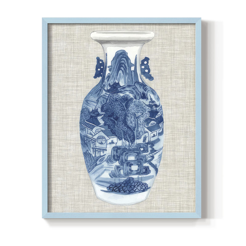 «Ming Vase on Linen I», reproduction encadrée - bois massif, H 30 po x l 24 po, Bleu
