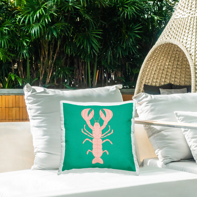 Coussin d'extérieur imprimé minimaliste rose et vert Lobster Design par Sazerelli Designs
