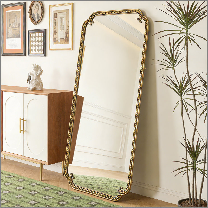 Miroir pleine grandeur avec support, grand miroir d'appoint 70,1 po x 31,9 po suspendu au sol ou suspendu au mur pour le salon de la chambre à coucher, or antique
