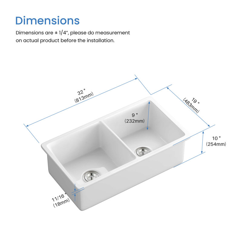 32'' L Double Bowl Fireclay Kitchen Sink