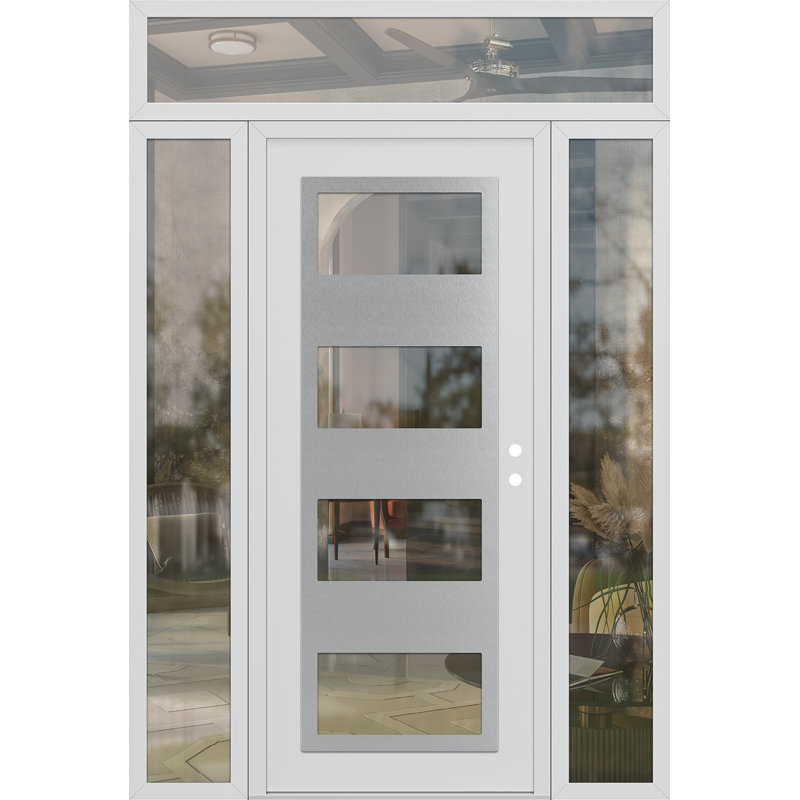Panneau d'entrée en acier argenté blanc / blanc avec 2 panneaux latéraux et porte d'entrée avant suspendue