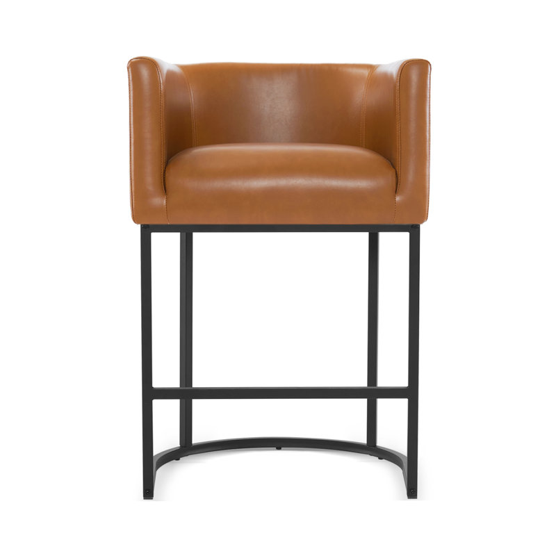 Upholstered Counter Stool, Brown Seat/Black Frame/Faux Leather