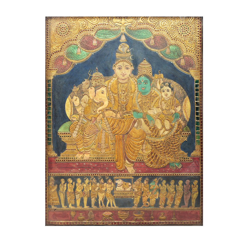 «Lord Shiva Family Tanjore», peinture | Couleurs traditionnelles avec or 24 carats | Structure en bois de teck