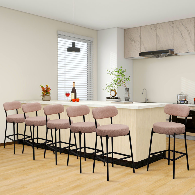 Emielia  Modern Counter Height Bar Stools , 28 Inch Upholstered Barstools with Curved Open Back & Round Seat, Plush Bouclé Fabric Bar Chairs for Kitchen Island, Dining Counter & Home Bar, Comfortable & Stylish
