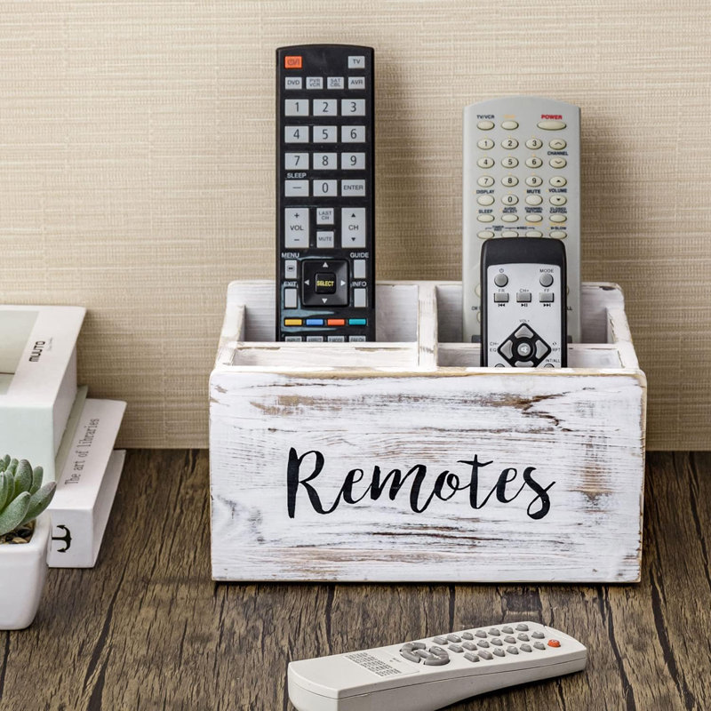 Whitewashed Wood Remote Control Holder Organizer With 4 Compartments, Media Storage Caddy With Cursive REMOTES Design