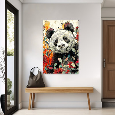 Panda Among Red Flowers Vibrant Contemporary Bear Panda Nature Wildlife Wall Art Print 1 Piece Wrapped Canvas Wall Art