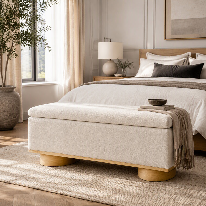 Banc de rangement moderne de 127 cm (50 po) en tissu d'avoine, pouf de bout de lit pour entrée ou chambre à coucher/salon