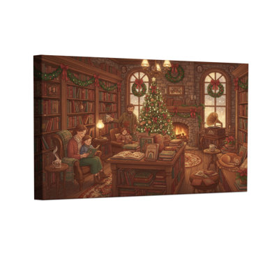 Christmas Cozy Library Christmas Scene With Family Set of 3 Canvas Wall Art Prints
