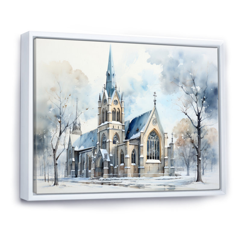 Église minimalisme harmonie - reproduction sur toile, Cadre flottant blanc, H 12 po x l 20 po x P 1 po