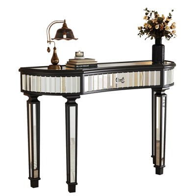 47" Mirrored Console In Semicircular Shape With Fluted Glass And Crystal - Accented Drawer, Suitable For Dressing Room Or Contemporary Stylish Bedroom, Construction Features Table Knobbed A Practical