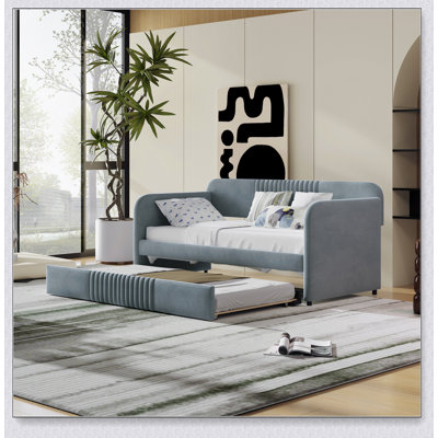 Upholstered Daybed Sofa Bed Twin Size With Trundle And Wood Slat