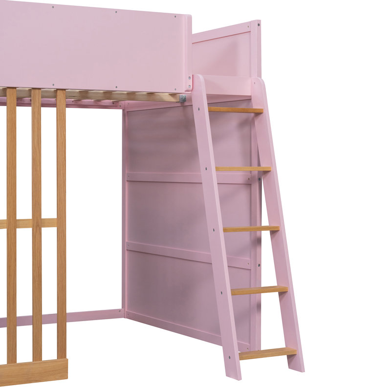 Lit mezzanine gain de place avec rangement, en bois MDF, rose moderne, idéal pour chambre d'enfant, Pink