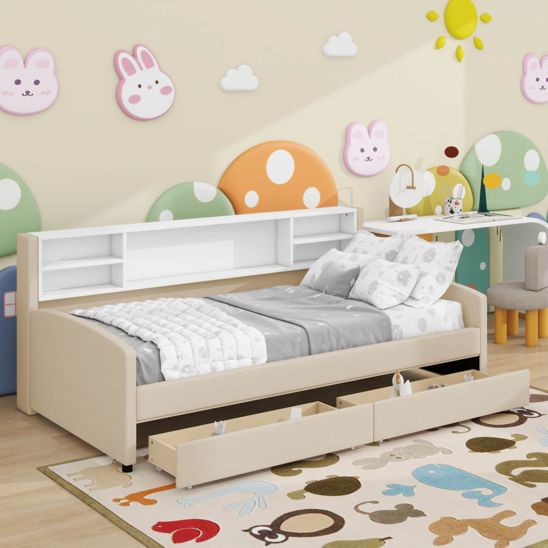 Lit plateforme simple tapissier avec tiroirs, Beige