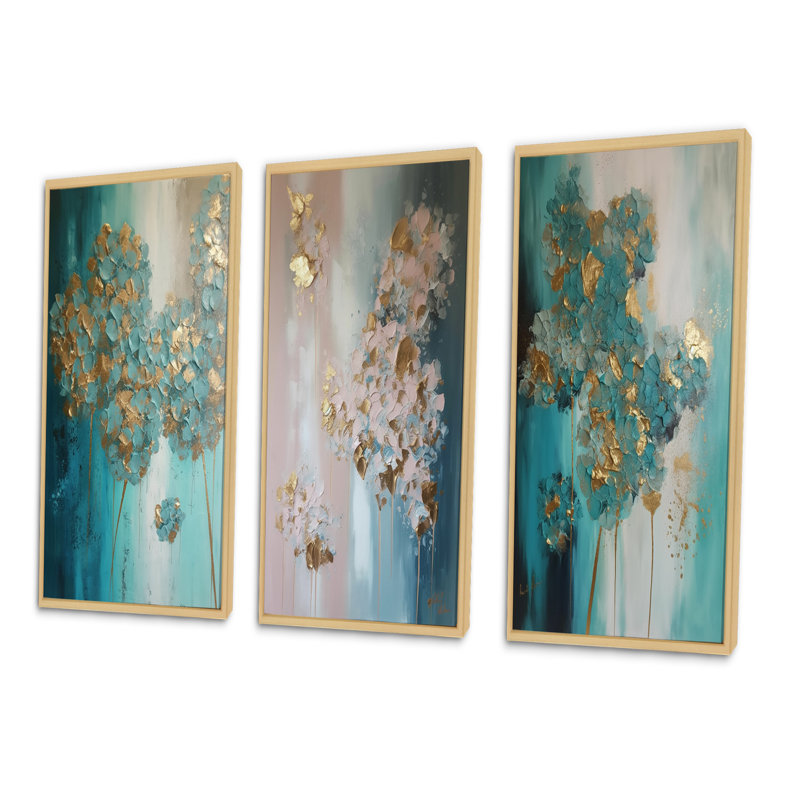 «Hydrangea Flower Blossoming Gold Retro Teal Gold» 3 pièces, Cadre naturel flottant, H 32 po x l 48 po