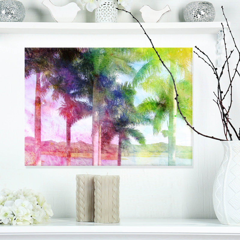 «Green Retro Palm Trees», impression sur toile tendue, H 12 po x l 20 po, Cadre noir