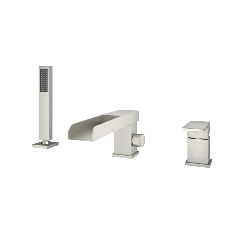 Doux Waterfall Deck-Mount Bathtub Filler Faucet with Diverter and Handheld Shower, Brushed Nickel