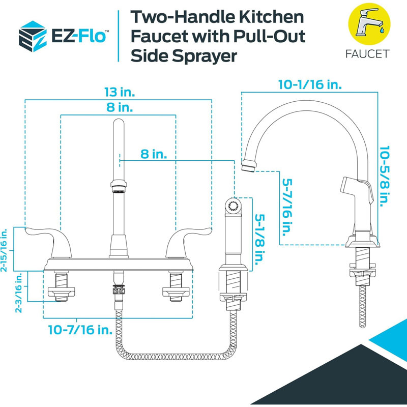 Robinet de cuisine à deux poignées à grande hauteur avec douchette latérale, acier inoxydable, EZ-10201