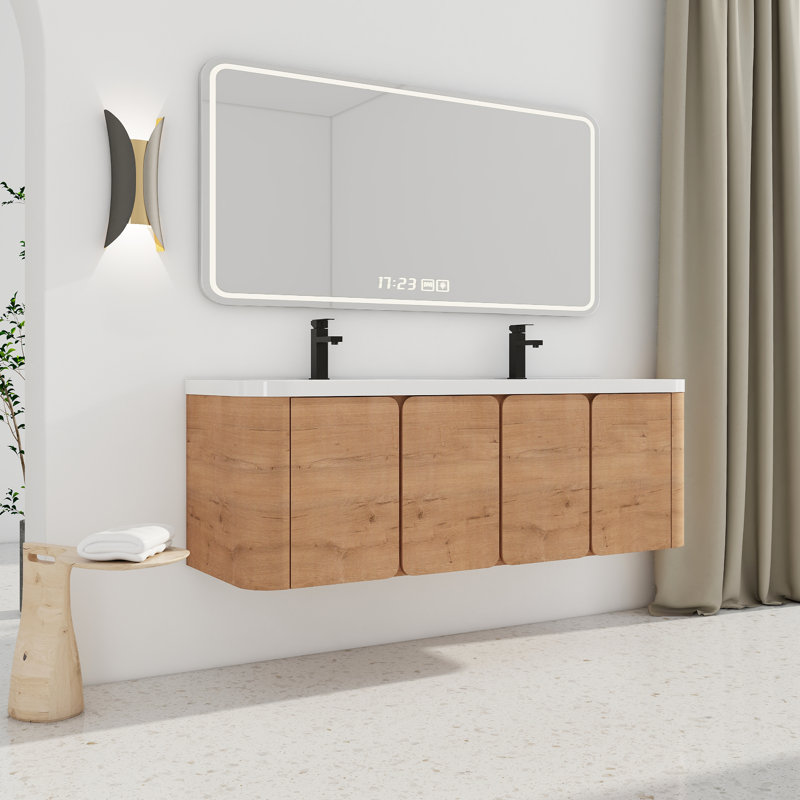Meuble-lavabo mural moderne en bois naturel 60 po style Mid-Century