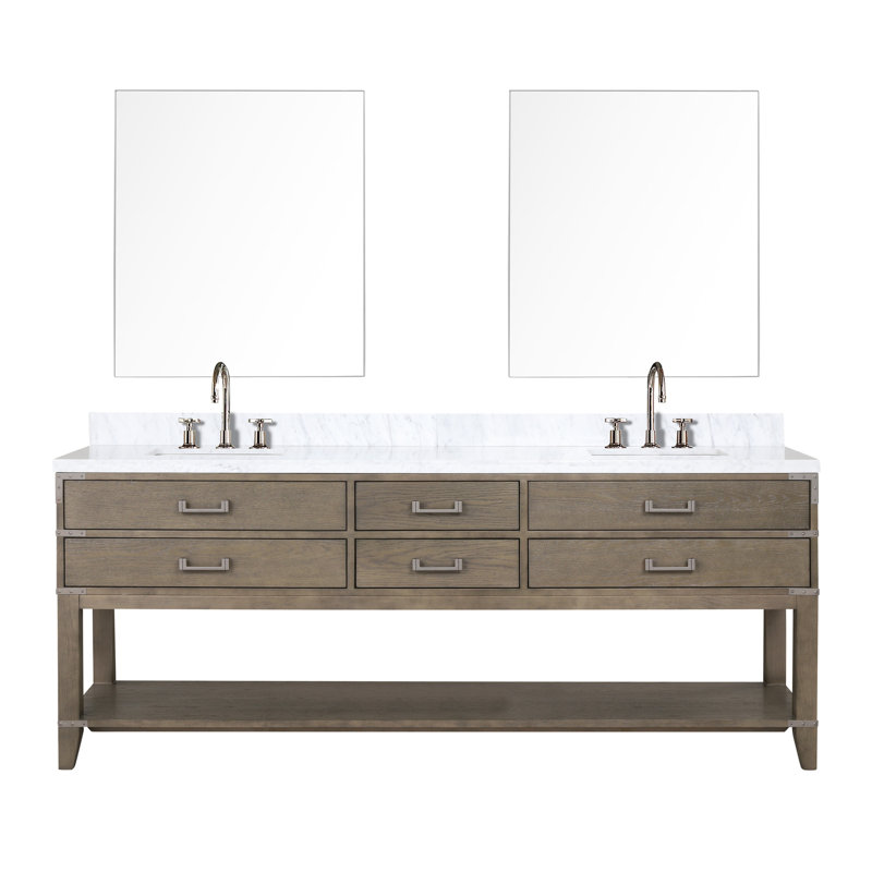 Double 36 po Miroir de salle de bain en chêne gris avec miroir et plateau poli à la main avec miroir